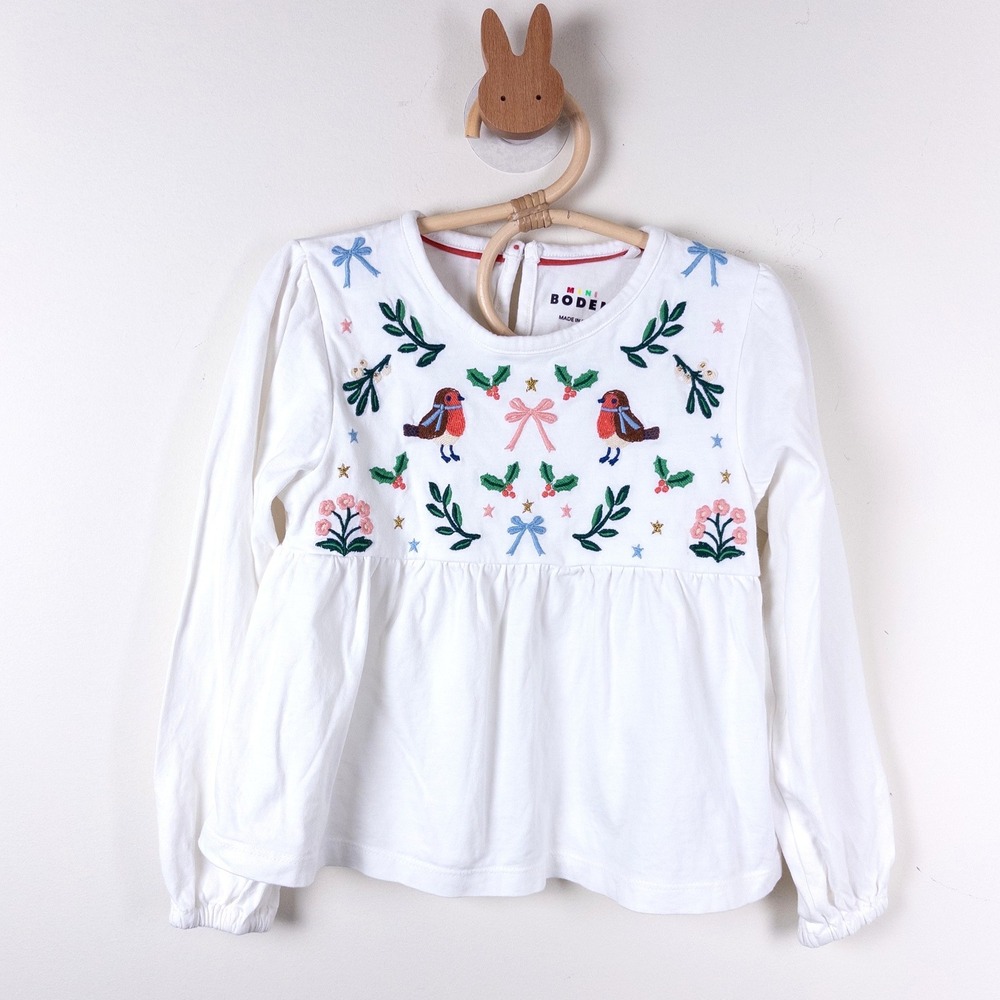 Mini Boden Long Sleeve Top Kids 3-4 White Embroidered Robin Holly Holiday